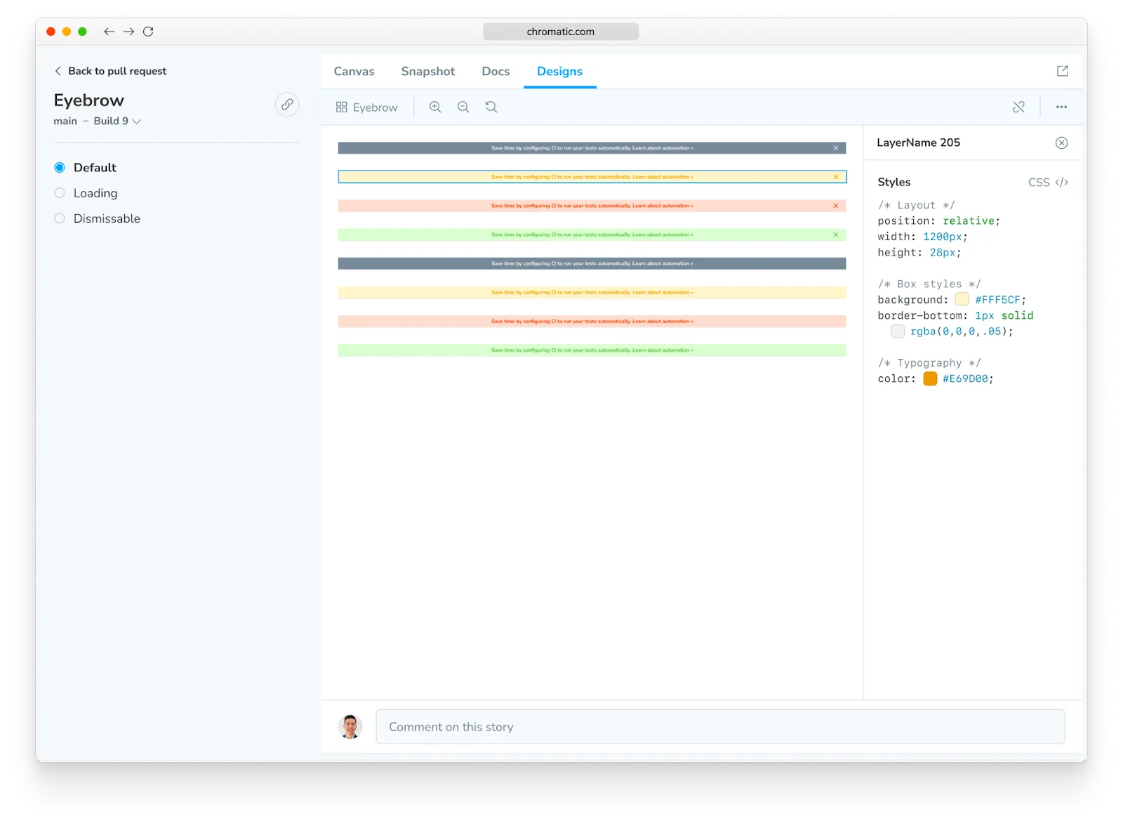 Designs tab in Chromatic showing the rendering of a Figma component with the layer inspect drawer open showing CSS for the layer